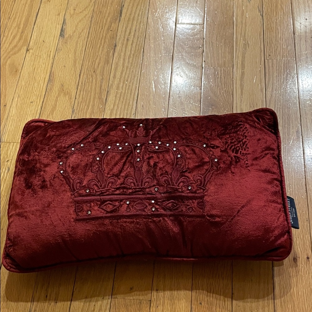 vintage Queen Street pillow Embroidered Crown Velvet Lumbar Pillow in Deep Red
